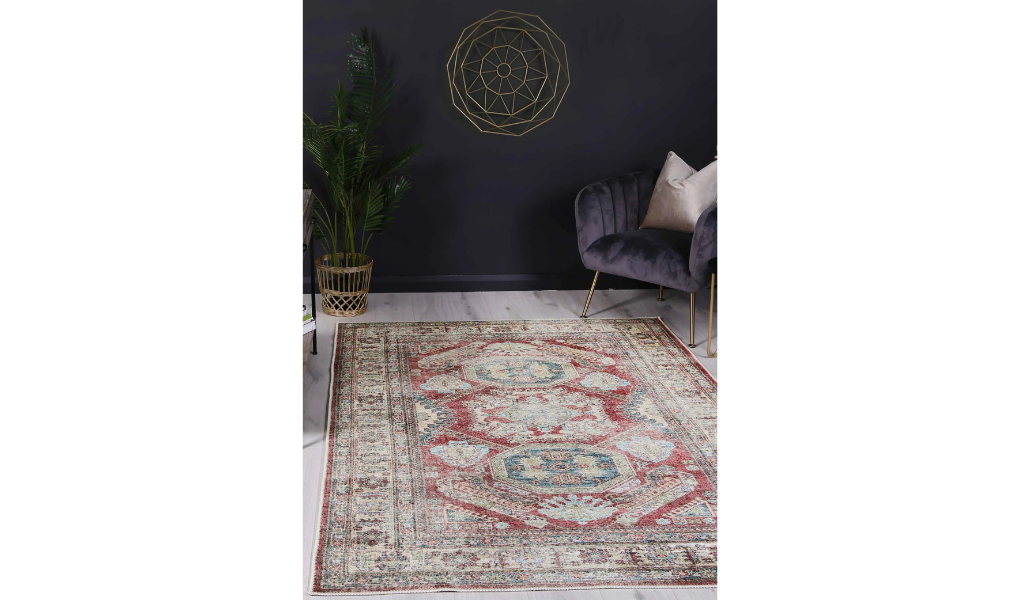 Vivien Deep Red Medallion Bordered Rug
