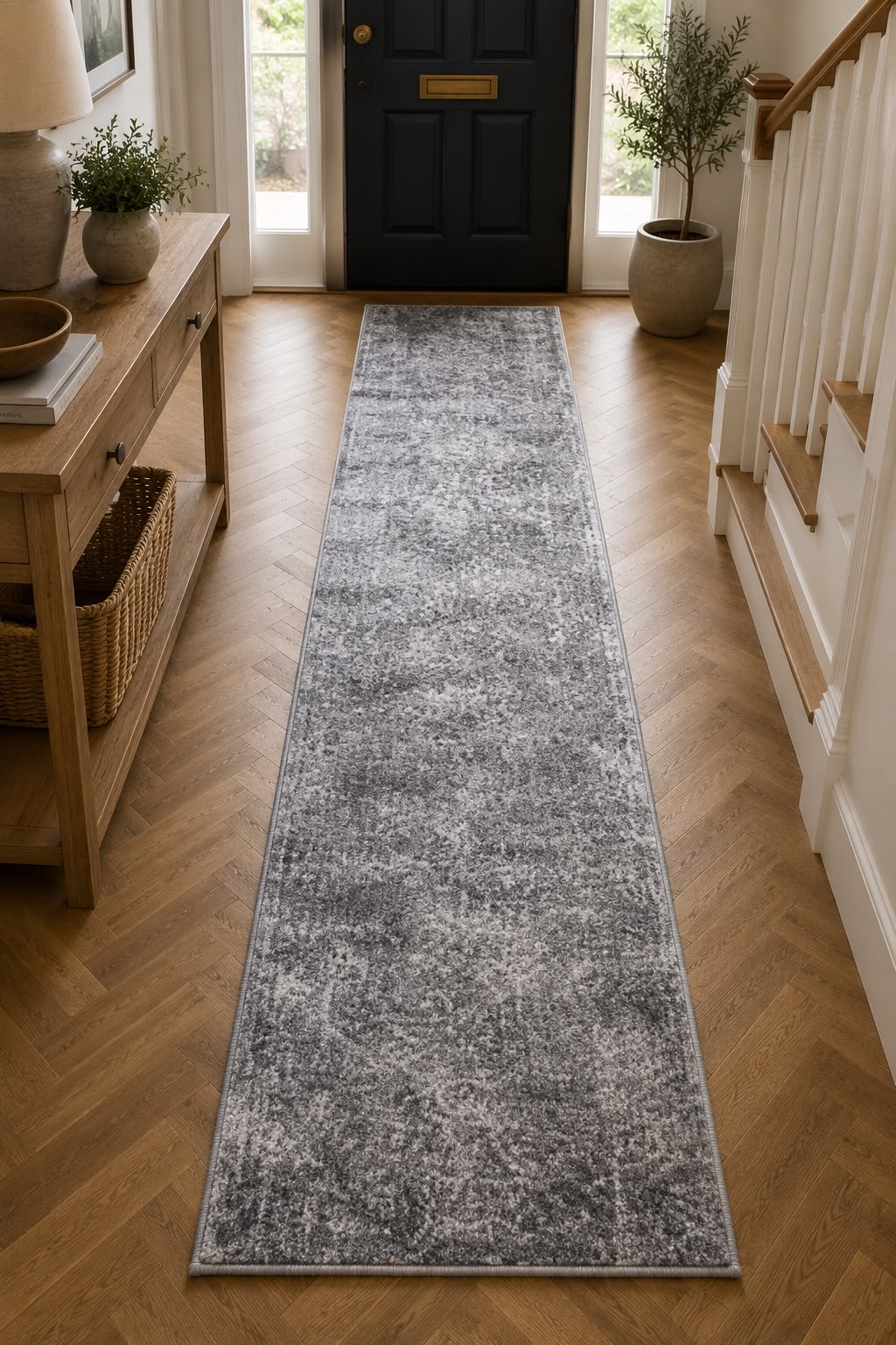 Deluxe 892 grey distressed Turkish runner 80 cm Wide