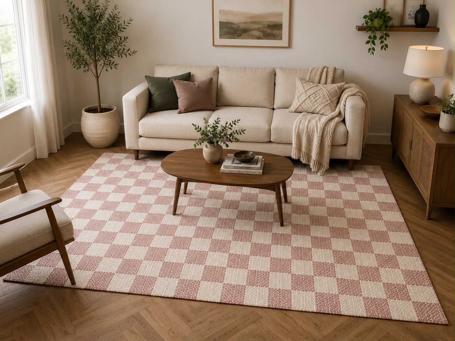 Hudson soft pink Checker Wool Blend Rug