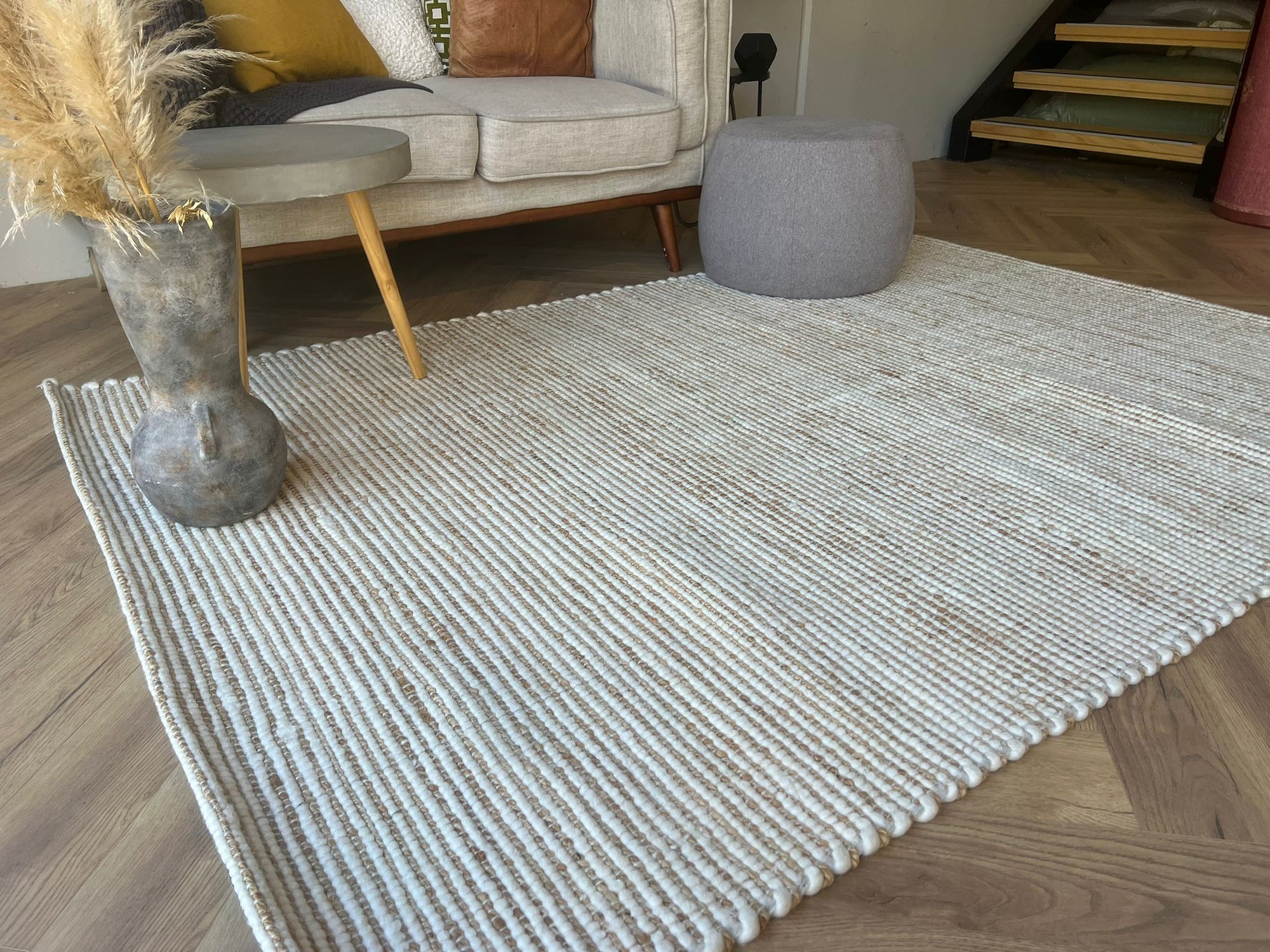 Nomad Wool Jute Textured Natural Rug – Natural cream Ivory