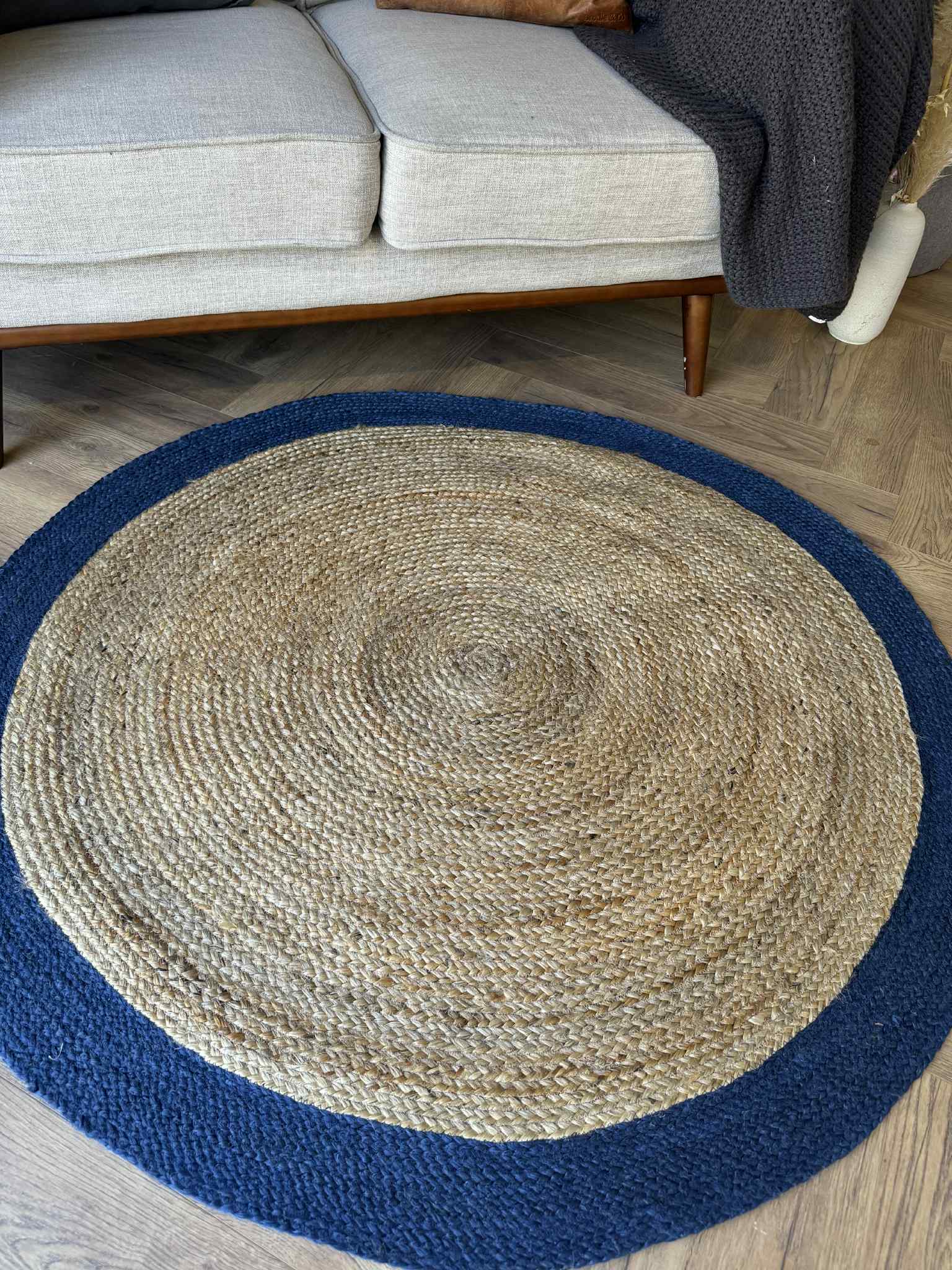 Braided Jute Blue circle rug 130cm