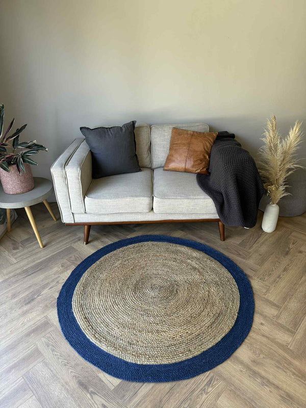 Braided Jute Blue circle rug 130cm - mrrugs.com.au